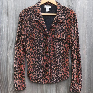 Vintage 90's Y2K Leopard Print Burnout Long Sleeve Button Down Blouse 