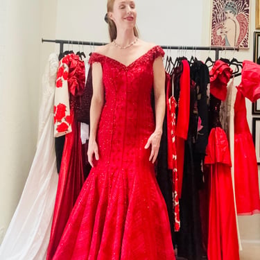 Vintage Red Sequin Beaded Dress Evening Gown dress Escada XS Small// Vintage Couture Red Rhinestone Ball Gown Chinese Wedding Silk Dress 