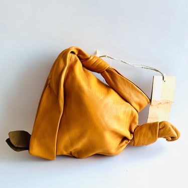 vintage deadstock 90s Romeo Gigli leather knitted handbag clutch new with tags mustard with green leaf detail 
