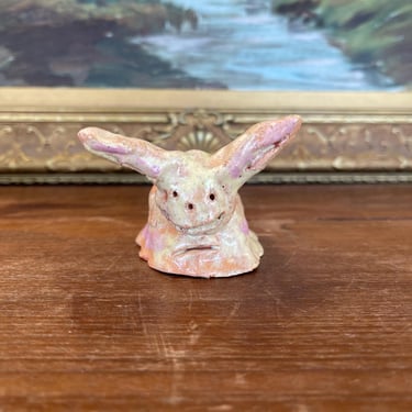 Free Shipping within continental US - Whimsical Hand-Built Ceramic Creature Sculpture with Long Ears and Textured Colorful Glaze 
