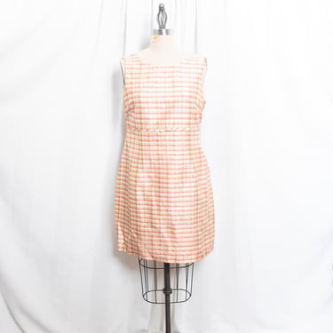 90s Pink Green Gingham Silk Dress Vintage 1990s Pastel Checkered Picnic Classic Sleeveless Midi Dress 