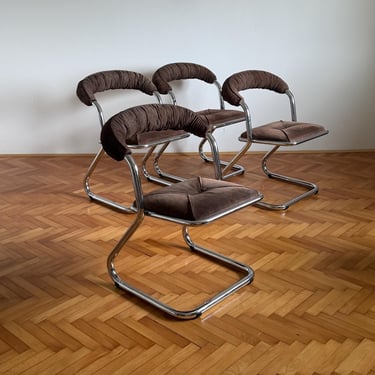 SET of 4 Vintage Brown Cantilaver Dining Chairs / Giotto Stoppino Style Chrome Tubular Chairs / Mid Century Bauhaus Chairs / 1970s 