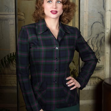 1940s Jacket - Lightweight Wool Plaid Suit Jacket in Baird Modern Tartan Navy, Green, Fuchsia - Autumn Lookbook 2026 