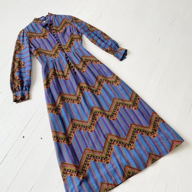 1980s Roland Klein at Marcel Fenez Chevron Print Maxi Dress – Long Sleeve High Neck Dress with Covered Buttons, M Vintage 