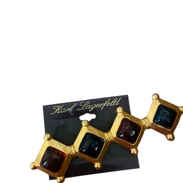 LAGERFELD - brooch, long, poured glass, Gripoix, red & blue