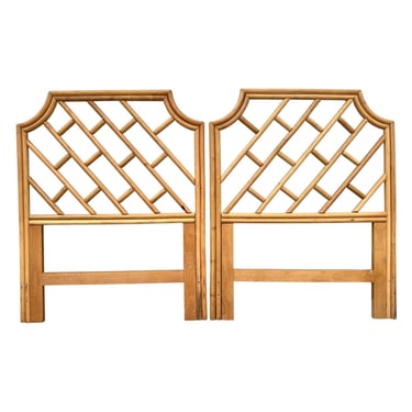 Set of 2 Vintage Chinese Chippendale Twin Headboards – Bamboo Rattan Lattice Wood Bed Coastal Regency Pair 