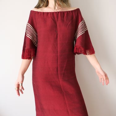 Vintage 70s Wine Red Fringe Dress: Boho Cottagecore, Size M/L 