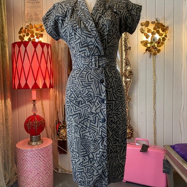 vintage 1980s geometric wiggle dress, army green cotton, zig zag, 1950s style, s 