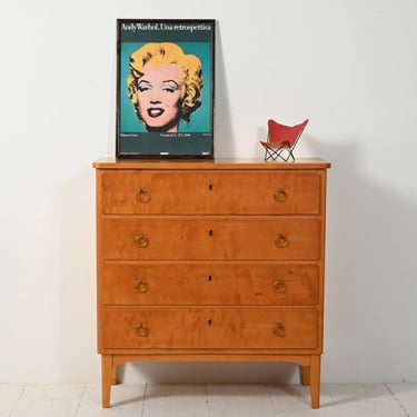 Vintage Scandinavian Birch Chest of Drawers 1950s, Mid Century Nordic Dresser with Brass Handles, Deco Inspired 