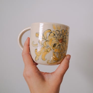 Bamboo Brush Painted Ceramic Mug // Yellow Chrysanthemum 