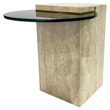 Italian Modern Beige Travertine Black Glass Brass Geometric Organic Side Table