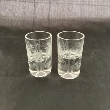 Set of 2 Vintage Mid Century Modern Bamboo Etched TINY Half Ounce Crystal Shot Glasses, Antique Retro Barware, Thick Base, Tasting Glasses 
