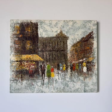 1970s Vintage Parisian Street Scene Oil Painting on Canvas 