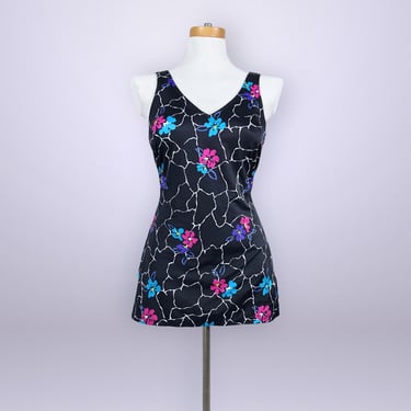VINTAGE Maxine of Hollywood 70s One Piece Pin-up Swimsuit Size 16 | 1970s Black Floral Skirted Swim Dress | Plus Size Bathing Suit | VFG 