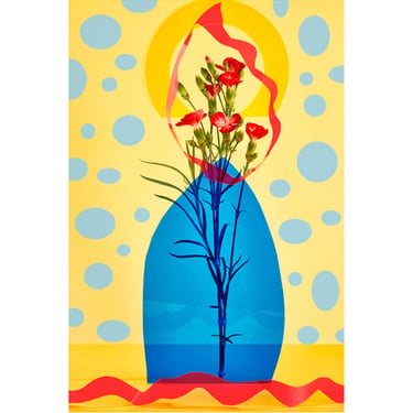 Red Flowers and Blue Vase Still Life: Modern Fine Art Print, Archival Giclée Print, Whimsical, Playful, Pop Art, Graphic 