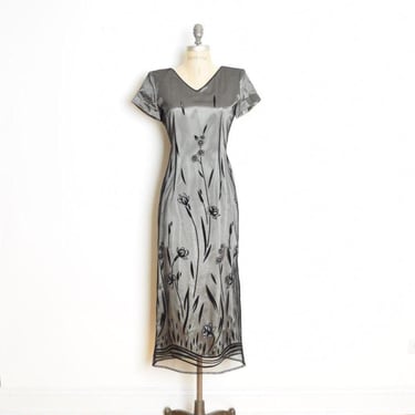 vintage 90s dress black mesh gray taffeta flocked floral print whimsigoth maxi M 