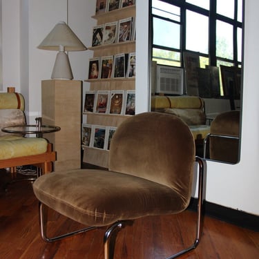 Newly Upholstered Vintage Tubular Chrome Lounge Chair - Brown (prop rental only)