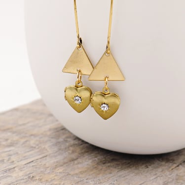 Mid Century Modern Heart Earrings, Triangle Earrings, Vintage Heart Lockets, Geometric Style, Long Earrings 