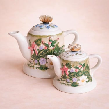 Vintage Decorative Teapot Figurine Set Hand Painted Floral Porcelain Cottagecore Decor 
