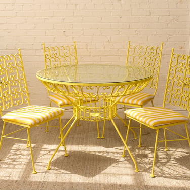 Arthur Umanoff Vintage Yellow Patio Dining Set with Glass Top Table and Four Chairs