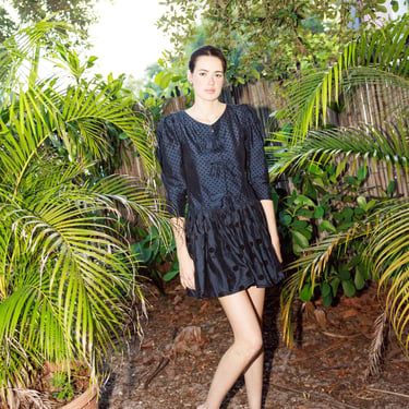 80s Dark Navy Blue Polka Dot Silk Mini Dress Vintage 1980s Louis Feraud Designer Puff Sleeve Bow Ballerina Party Dress 