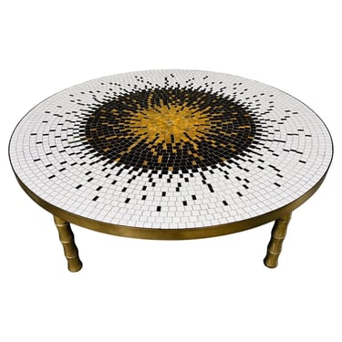 Mosaic Tile Sunburst Round Cocktail Table Over Faux Bamboo Brass Legs 