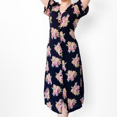 1990s Betsy Johnson Black Floral Dress, sz. XS/S