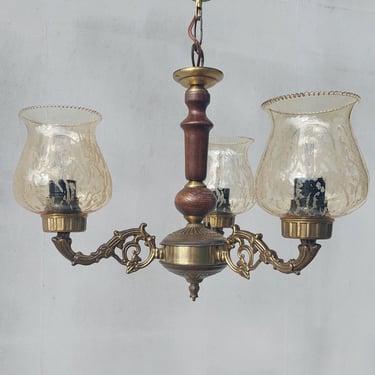 Antique Brass and Wood Chandelier, Vintage 3 Light Ceiling Fixture with Amber Glass Shades, Retro Mid Century Lighting, 60's 