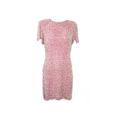 OLEG CASSINI 1980s Sequin Beaded Dress in Pastel Pink 