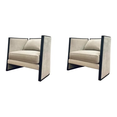 Caracole Modern Gray Cut Away Club Chairs Pair