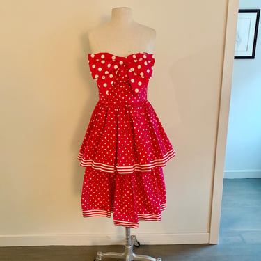 Victor Costa 80’s  strapless cotton fuschia polka dot party dress-S/M 