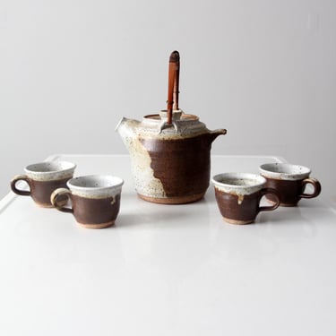 vintage handmade studio pottery teapot and four mugs, circa 1970s 