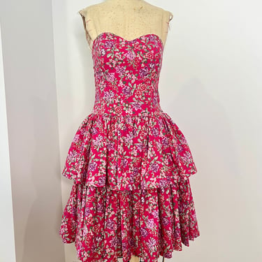 Vintage 1980s Laura Ashley Pink & Purple Sweetheart Neckline Floral Dress 