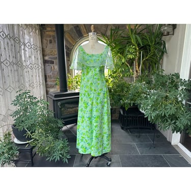 Vintage 1970s Green and Blue Floral Maxi Dress with Sheer Overlay Capelet 