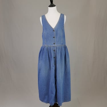 80s 90s Blue Denim Jean Dress - Sleeveless Summer Jumper Dress - Gathered Waist - Sunshine Starshine - Vintage 1980s 1990s - M 