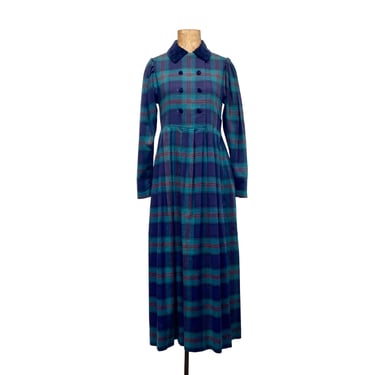 Vintage 1980s Laura Ashley Tartan Dress, Double Breasted Modest Cottagecore Plaid Wool-Cotton w/Velvet Trim, Extra Small 32