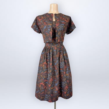 Vintage 50s 60s Stained Glass Print Sun Dress and Cropped Bolero Jacket Set VFG 