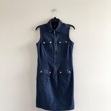 Y2K Dress Mini Collared Sleeveless Shift Blue Chambray Women 4 Retro Mod 60s 