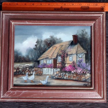 13X11 Signed Vintage Oil Painting English Cottage Geese Pinks Gray Original Art Framed 