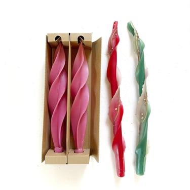 vintage twisted pink tapered beeswax candle set | twisty spiral candleholder sticks 