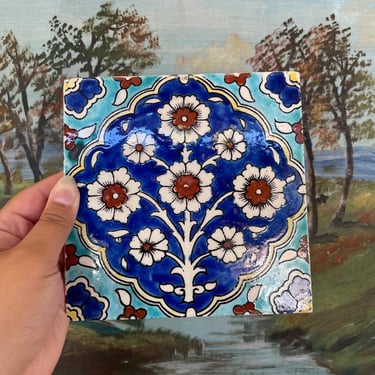 Free shipping within continental US - Hand-Painted Glazed Ceramic Tile with Ottoman Floral Motif in Cobalt and Turquoise 