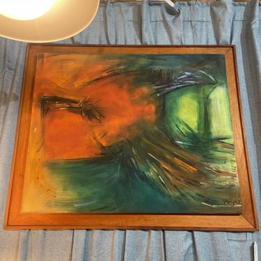 Original Abstract Oil Painting by "Lee" 1962 Orange and Green Canvas on Custom Wood Frame 36in x 30 in IN STORE PICK UP ONLY
