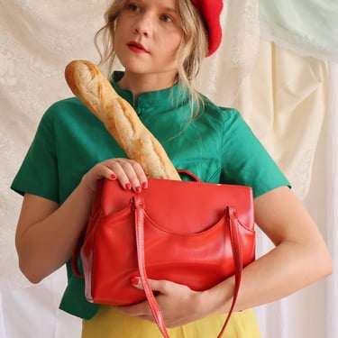 Vintage cherry red faux leather shoulder bag | brass hardware clutch retro purse | Parisian chic 