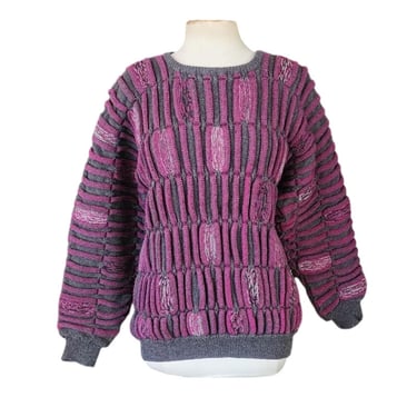 Vintage 80s Ros Joffe Sweater Mens Purple Black Wool 3D Novelty Knit / M 