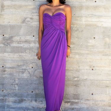 Column Dress, Vintage 1980s Victor Costa, Purple Evening Gown, Strapless, XS/Small Women 