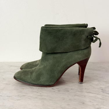 Christian Dior Vintage Ankle Boots Suede Fold Over Cuff 7.5 Olive Green Tie Back 