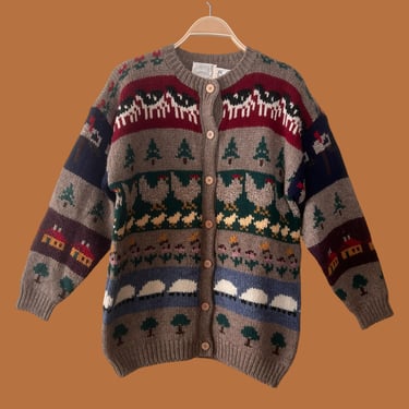 Vintage Farm Animal Cardigan Sweater, Susan Bristol, Wool, 1988 