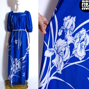 Gorgeous Hawaiian Vintage 70s Deep Blue Floral Iris Print Long Maxi Dress 