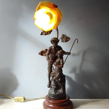 Antique KOSSOWSKI  Table Lamp with very rare glass Rose Shade/titled 