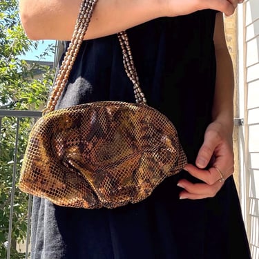 J TIRAS Vintage Leather Snakeskin Metallic Evening Bag, Mother of Pearl Straps, Snake Clutch Purse, Evening Metallic Gold Purse, Collectors 